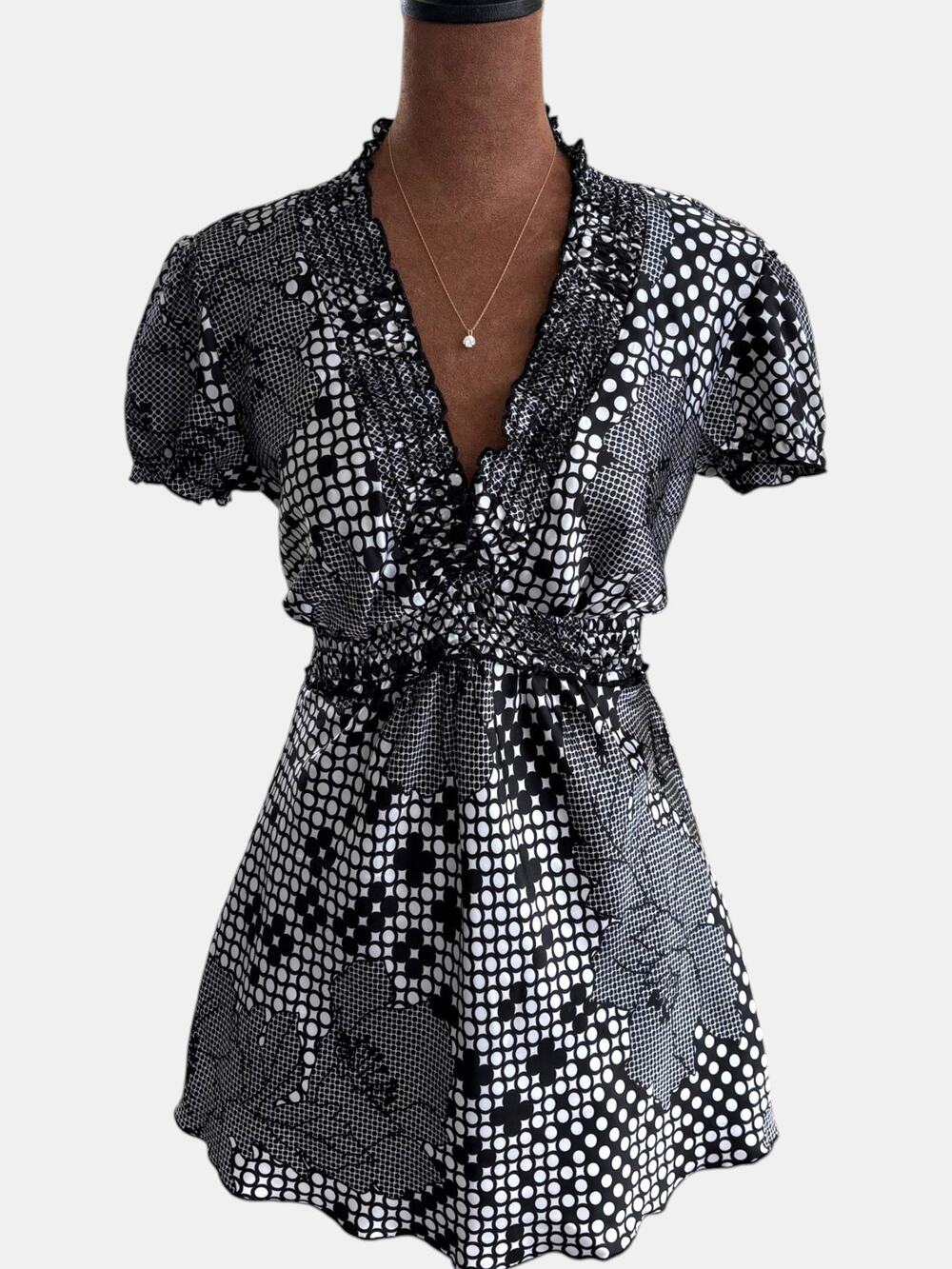 Y2K Vintage 6 Degrees Black White Floral 2000s Babydoll Top Puff Sleeve Medium